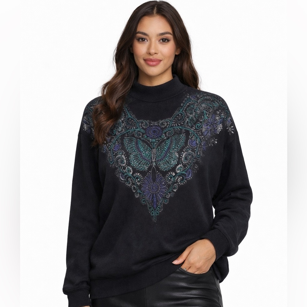 Vintage 90s GRACE Butterfly Graphic Sweater Black Mock Neck Medium whimsigoth